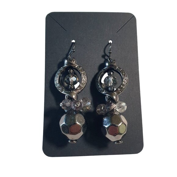 Vintage Dangle Earrings Crystal Accents Acrylic Beads Silver Finish Hook Formal - Picture 1 of 4
